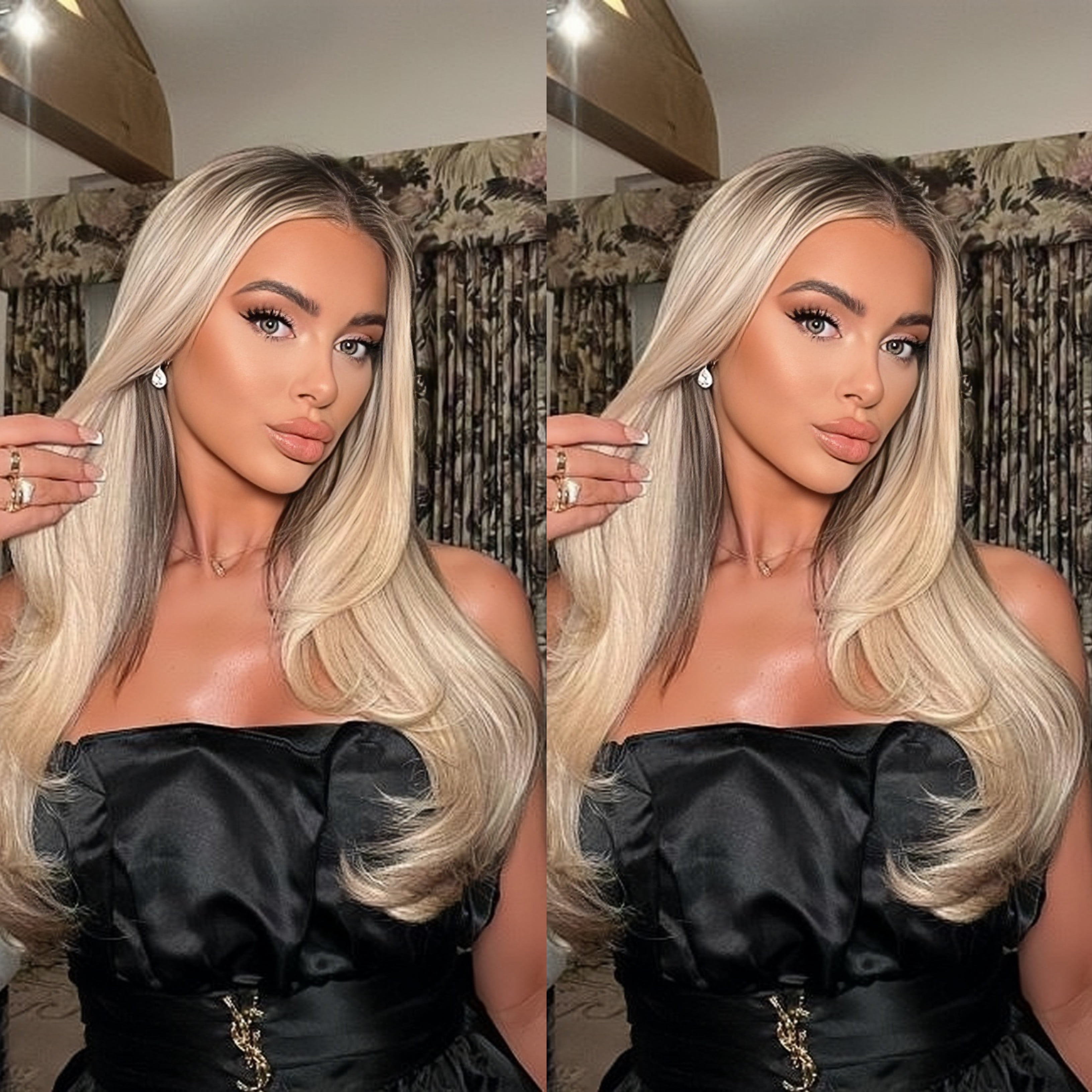 Tender Pearl Beige Blonde Highlight Roots Dark Virgin Human Hair Wigs Balayage Long Straight Wig Human Hair With Baby Hair Glueless Invisible HD Transparent Lace Front Human Hair Wigs 180% Density