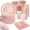 175 PCS Pink and Rose Gold Glitter, variant on 175-piece party set, serving 25 guests, includes disposable party decorations, plastic forks, knives, spoons, gold polka dot paper plates, napkins, and paper cups.