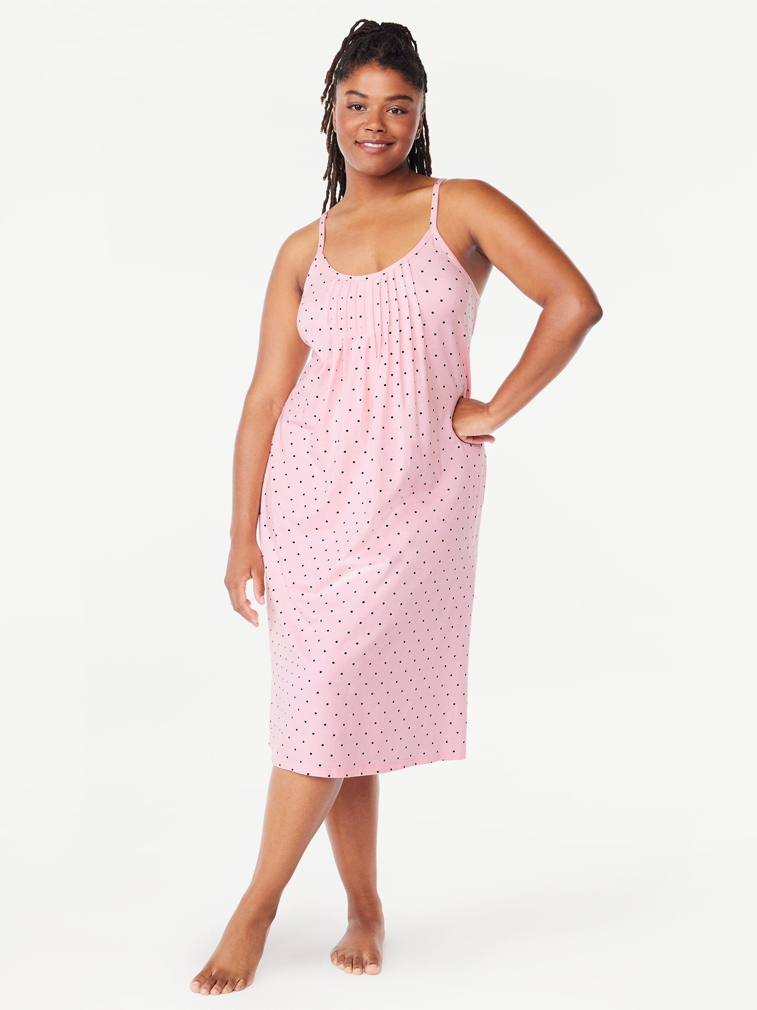 Joyspun Women’s Cotton Blend Pleated Neck Sleeveless Midi Nightgown, Sizes S to 5X