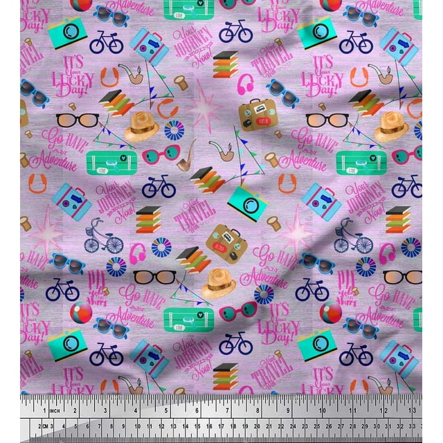 Soimoi Polyester Crepe Fabric Camera,Hat & Briefcase Travel Fabric Prints by Yard 42 Inch Wide