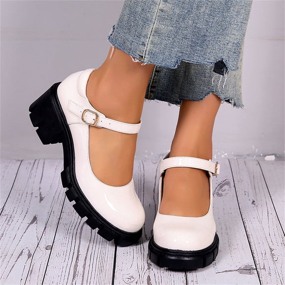 Summer Saving Clearance! Tuobarr Women's Platform New Summer Round Toe Thick Heel Women's Shoes Fashion Buckle Single Shoes Beige US Size 7