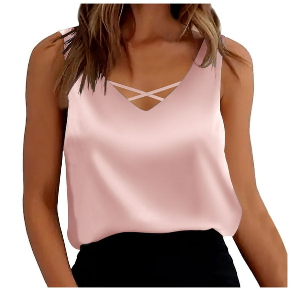 GDREDA Summer Festival Crop Tops Womens Satin Tank Top Strap Basic Summer Vest Shirt Casual V Neck Sleeveless Blouses Women's Tanks & Camis Pink,S