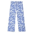 thumbnail image 3 of KDFJPTH Floral Print Wide Leg Pants for Women Elastic Drawstring Waist Casual Beach Trousers with Pockets Blue L, 3 of 3