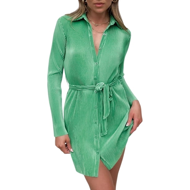 VISgogo, minivestido camisero para mujer, Color sólido, cuello vuelto, manga larga, vestido con botones, vestido informal de primavera para mujer con cinturón VISgogo moda