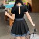thumbnail image 4 of Gibobby Trajes de Baño Mujer Completos Falda sin espalda de manga corta con cuello redondo a la moda para mujer con cordones para mostrar un traje de bañ(Azul,Talla única), 4 of 5