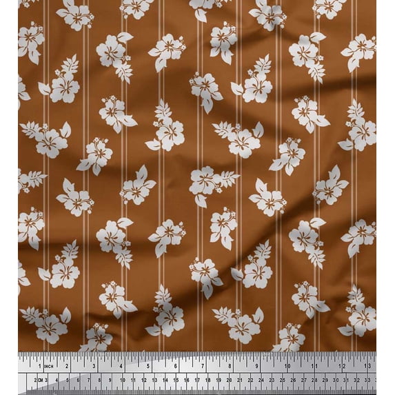 Soimoi Cotton Voile Fabric Stripe,Leaves & Floral Artistic Printed Fabric 1 Yard 42 Inch Wide