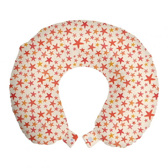 Nautical Travel Pillow Neck Rest, Cartoon Style Repetitive Starfishes Designed in Warm Tones Art, Memory Foam Traveling Accessory Airplane and Car, 12", Eggshell Coral and Orange, by Ambesonne