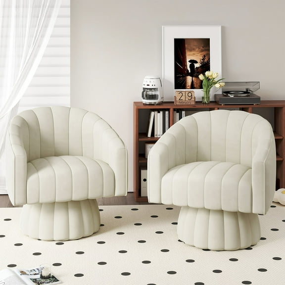 YOUDENOVA Swivel Accent Chair Set of 2, Mid Century Modern Swivel Barrel Chair, 360 Degree Round Swivel Chair with Wide Upholstered, Velvet Accent Armchair Home Sofa Living Room Bedroom Office Beige