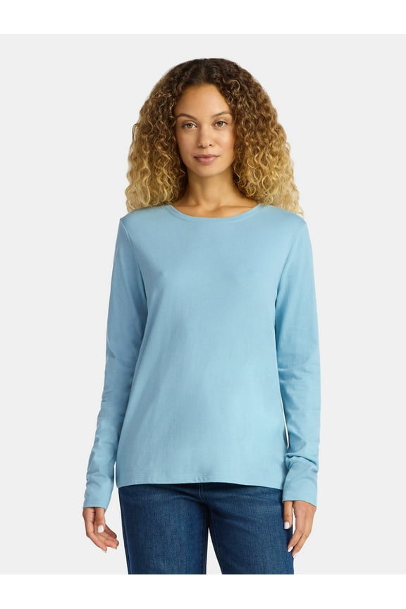 Women's Cotton Crewneck Tee with Long Sleeves, Sizes XS-XXXL