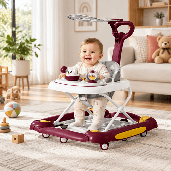 YUCHANG 5-in-1 Baby Walker & Activity Center, Foldable Push Walker with Adjustable Height & Music, Burgundy, for 6-24 Months
