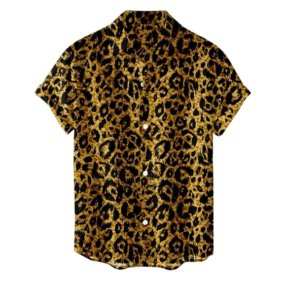 Men's Leopard Print Short Sleeve Shirt Casual Loose Fit Summer Beach Top Gold L