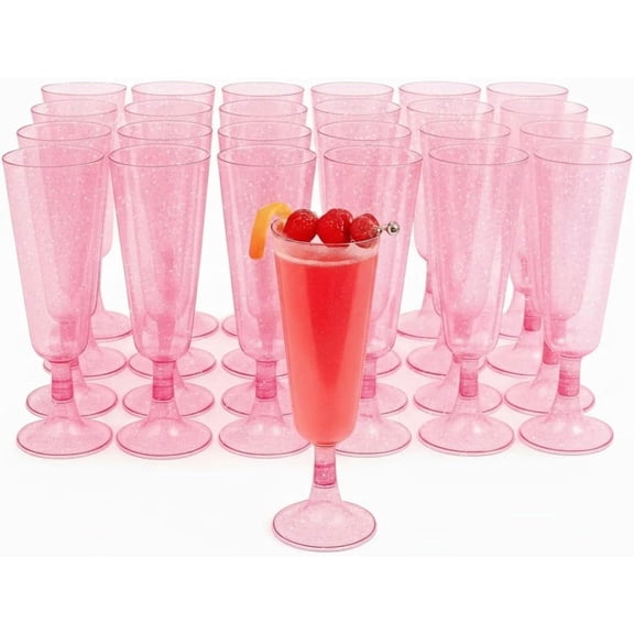 Matana 5 oz Glitter Pink Reusable Plastic Champagne Flutes Wine Glasses Set of 50
