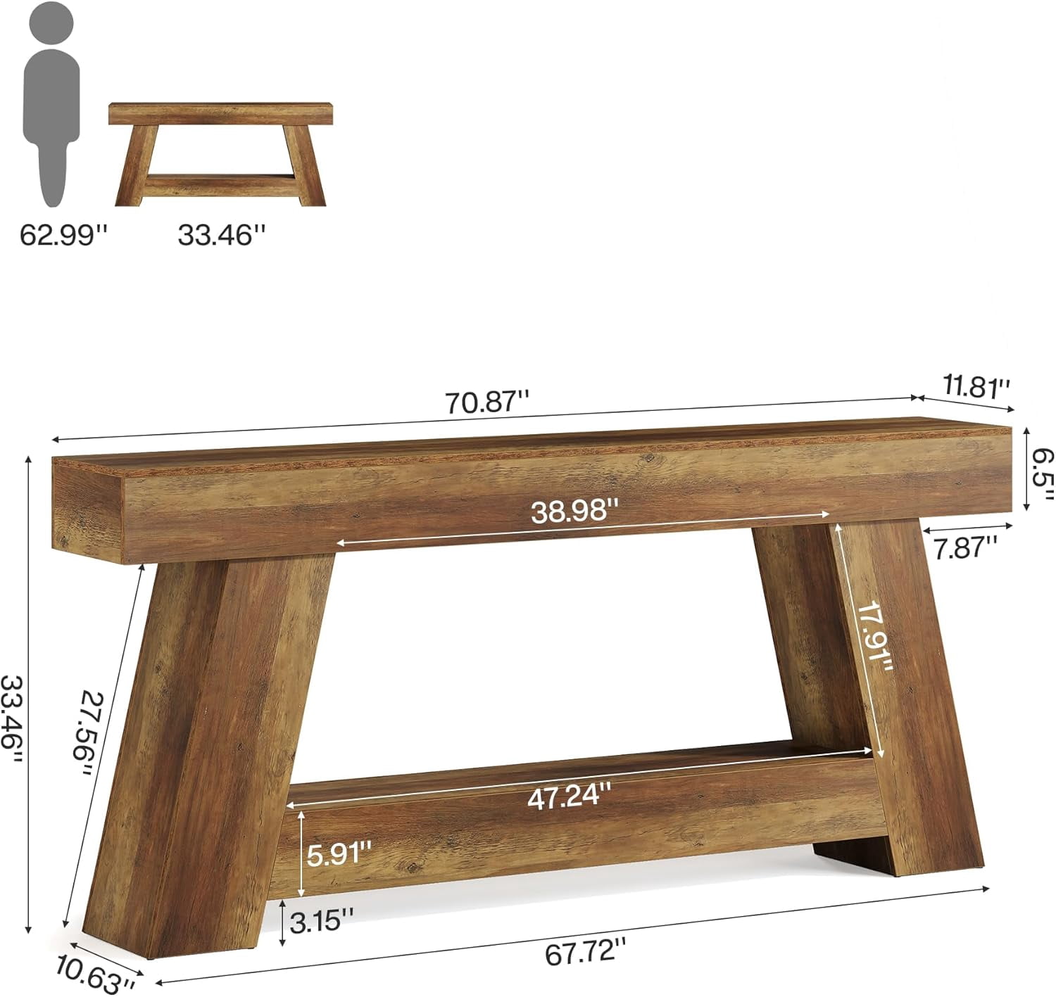Tribesigns 70.86" Extra Long Sofa Console Table, Farmhouse 2-Tier Wooden Behind Couch Table for Entryway (Rustic Brown)