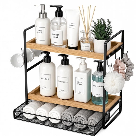 2 Tier Bathroom Countertop Organizer, Wooden Vanity Storage Shelf with Side Hooks & Mesh Basket, Counter Skincare Makeup Toiletry Rack, Space Saving Bathroom Sink Organizer for Bathroom, Bedroom, Kit