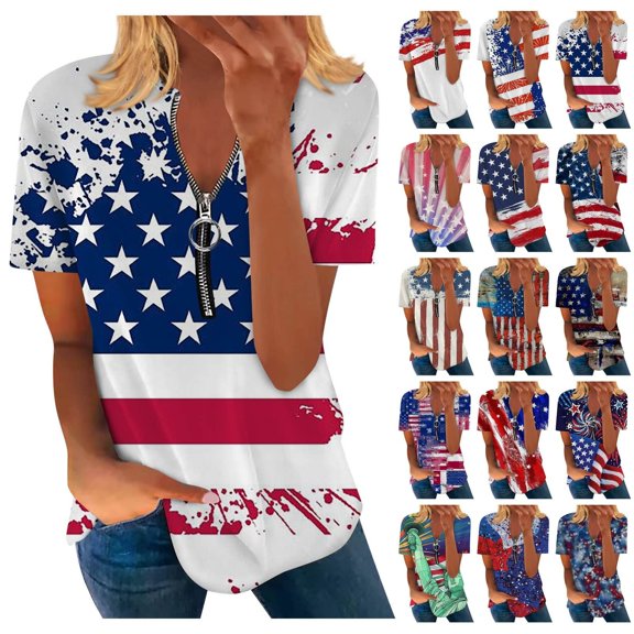 Fesfesfes T-Shirts for Women Independence Day Women's Casual Sexy Fashion Summer Round-Neck T-Shirt Printed Short Sleeve Tops Blouse Tops M(US:6)