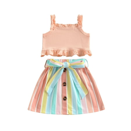 

Toddler Baby Girls Clothes Sets Sleeveless Ruffle Vest Striped Bow Skirts Summer Outfits