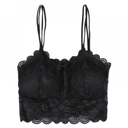 

Apocaly Women Double Sling Lace Crochet Bralette Bralet Bra Bustier Crop Top Floral Cami Padded Tube Top Safety Black