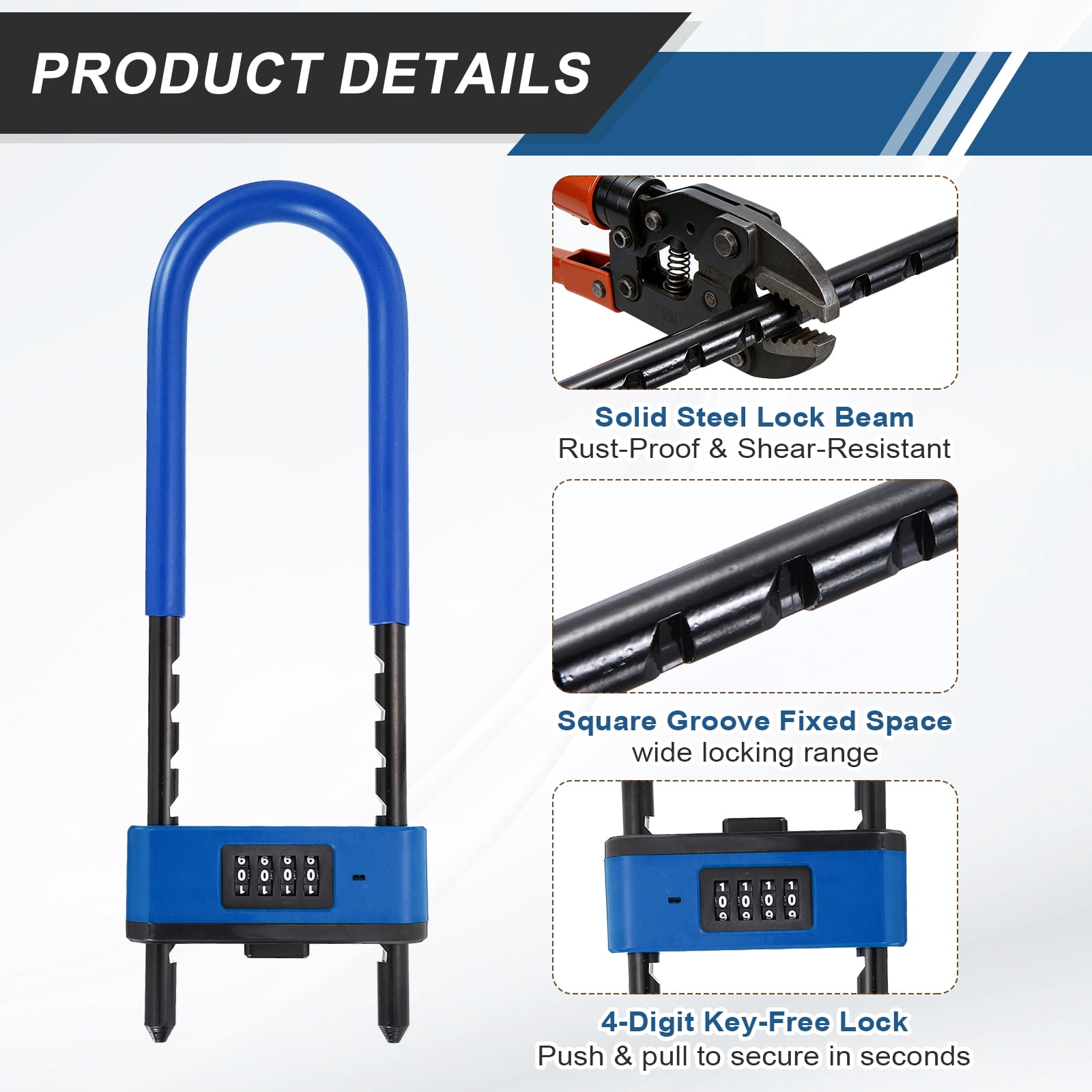 Uxcell 4 Digit Combination Padlock, Long Shackle Padlock - [6.42" - 10.24", Blue], U-Shape Adjustable Shackle Lock for Bicycles Electric Bikes Mountain Bikes Glass Doors Gates