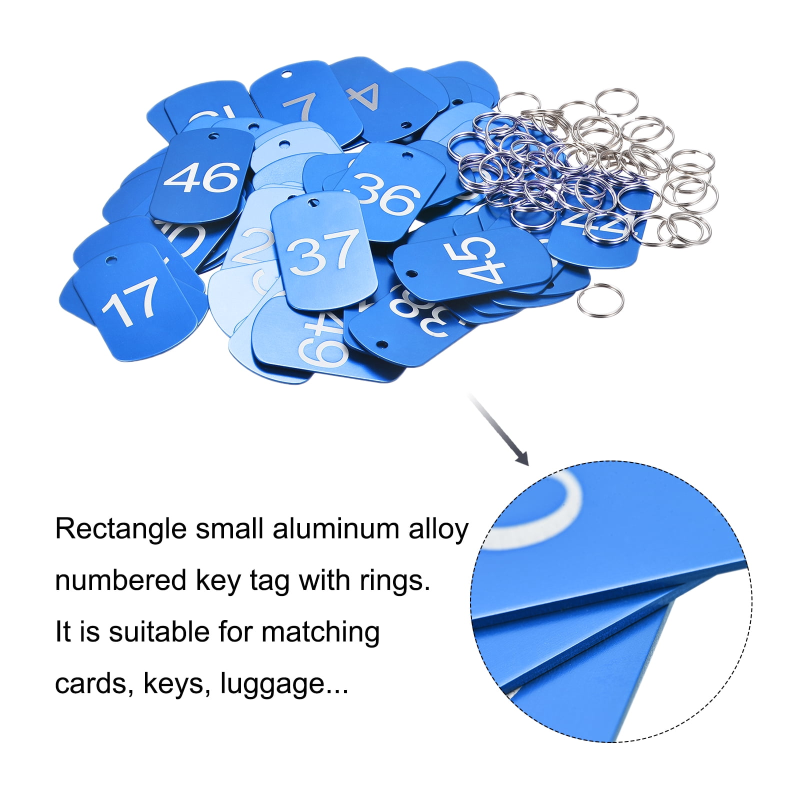 Uxcell Numbered Tag, Aluminum Key Tags Metal ID Tags, 1-50 Number with Ring Blue Rectangle for Decoration, Pack of 50