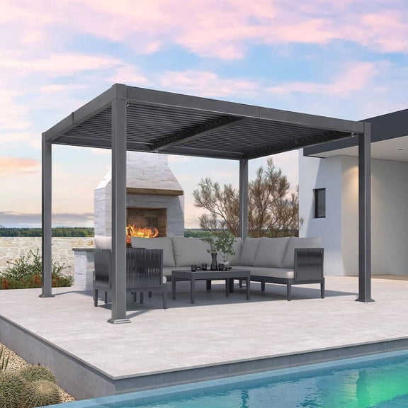 PURPLE LEAF 10'×12' Outdoor Louvered Pergola with Adjustable Hardtop Roof Patio Pergola Deck Garden Yard, Grey