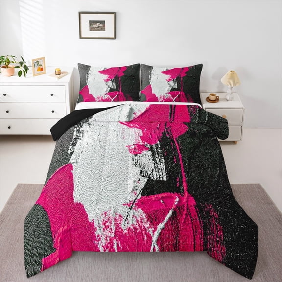 Feelyou Pink Oil Printing Bedding Comforter Set, Modern Fashion Artwork Twin Comforter Sets, Teen Kid Adult Reversible Bedding Set, Ultra Soft Home Decor, 2-Piece
