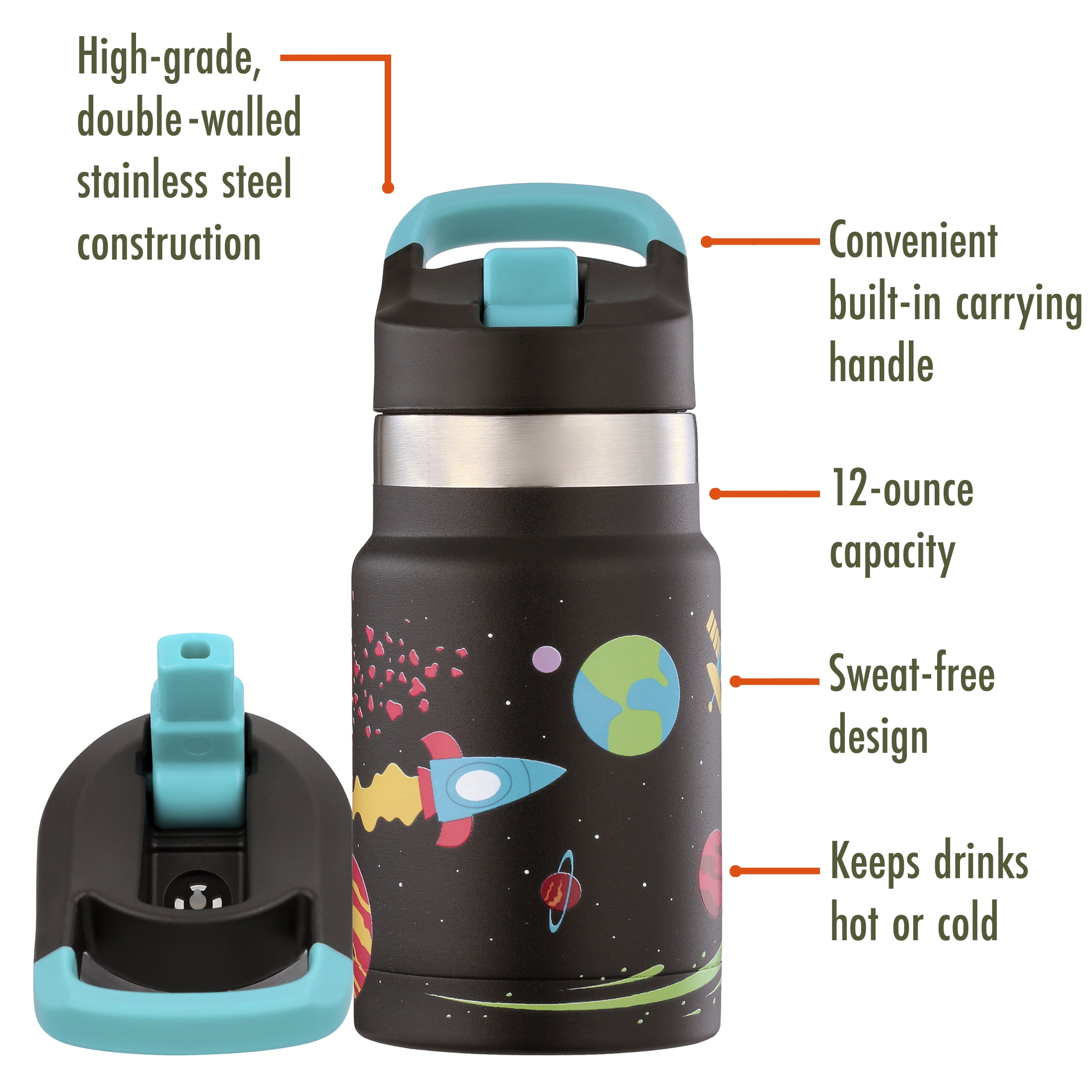 Ozark Trail 12oz Double-Wall Stainless Steel Kid's Flip-Top Bottle – Space-Themed, Spill-Proof & Insulated