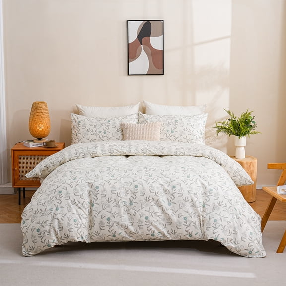 100% Cotton Floral Duvet Cover Set Ultra Soft Breathable Blue Floral Grey Leaves Bedding Set for Women with Zipper Closure 3 Pcs Chic Reversible Duvet Cover for All Season