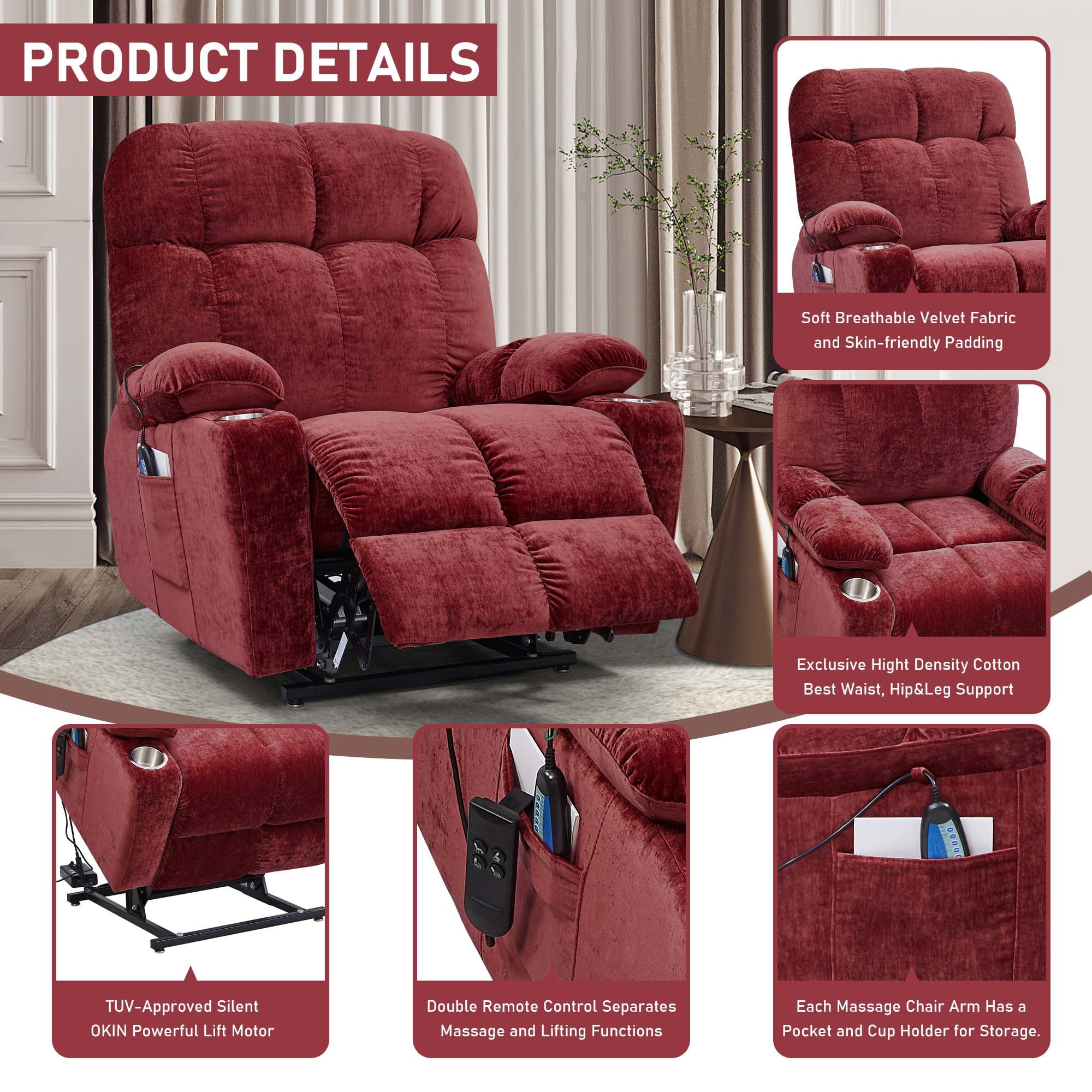 Momspeace Power Lift Recliner Chair Recliners for Elderly with Heat and Massage Recliner Chair for Living Room - Red
