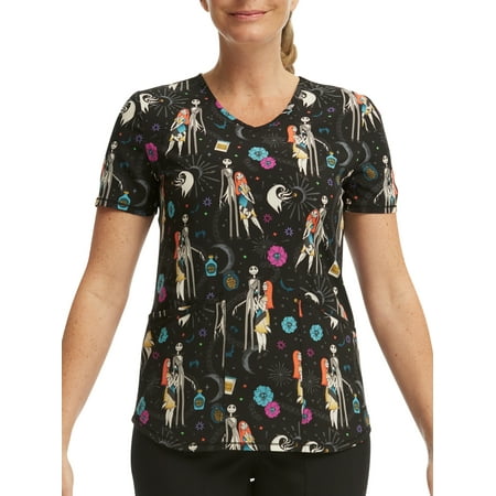 Scrubstar Women's Disney The Nightmare Before Christmas Worm's Wort V-Neck Print Scrub Top WM32T745LA