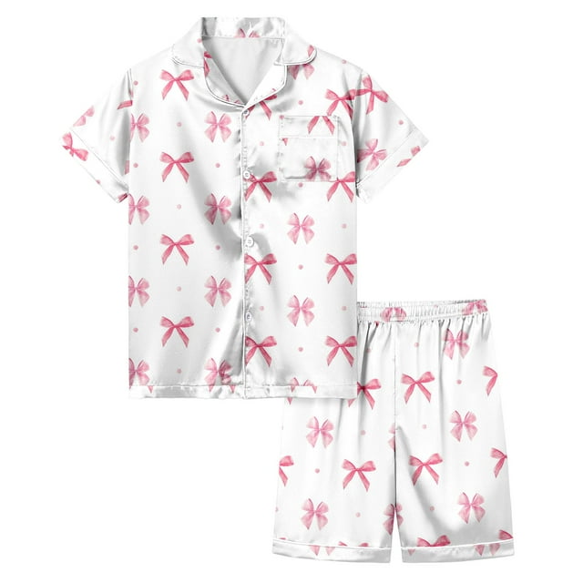 Pyjamas en Satin Imprimé Manches Courtes Ensemble de Hauts Boutonnés Mode Filles Pyjamas pour Tout-Petits Garçons Filles Mode