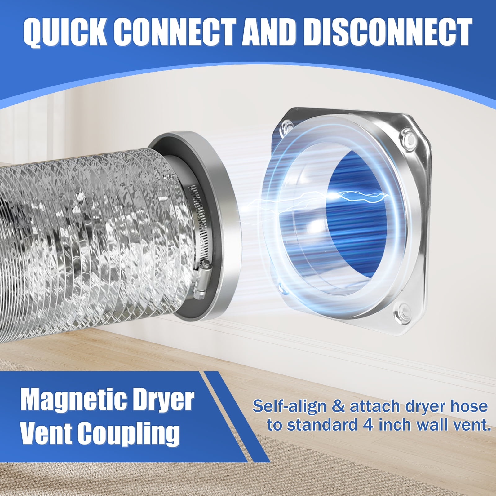 Magnetic Dryer Vent Coupling Kit-DV180 Airtight Seal Dryer Vent Connector Kit, Quick Connect/Disconnect with 4" x 3.3ft Duct & 2 Clamps, Easy to Clean & Install Connector for Dryer Venting