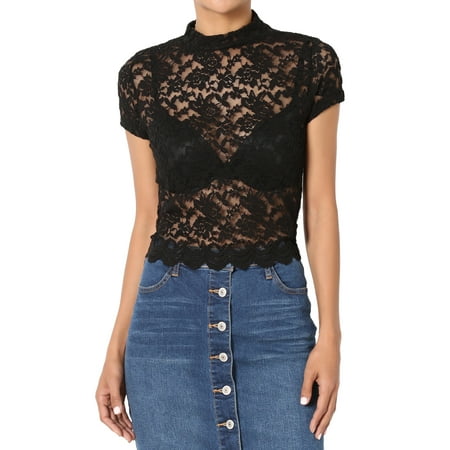 Sheer Black Lace Top - TheMogan Women's Lace Short Sleeve Mock Neck Crop Top Sheer Blouse Black M