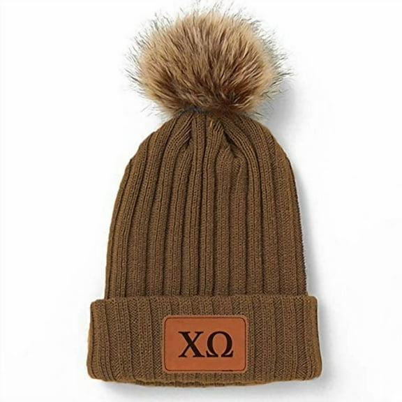 Chi Omega Pom Pom Beanie Hat Brown