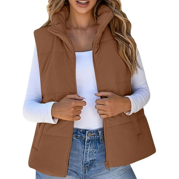 Corduroy Vest Women Cropped Puffer Vest Sleeveless Winter Lightweight Stand Collar Jackets Zip Up Coat Trendy