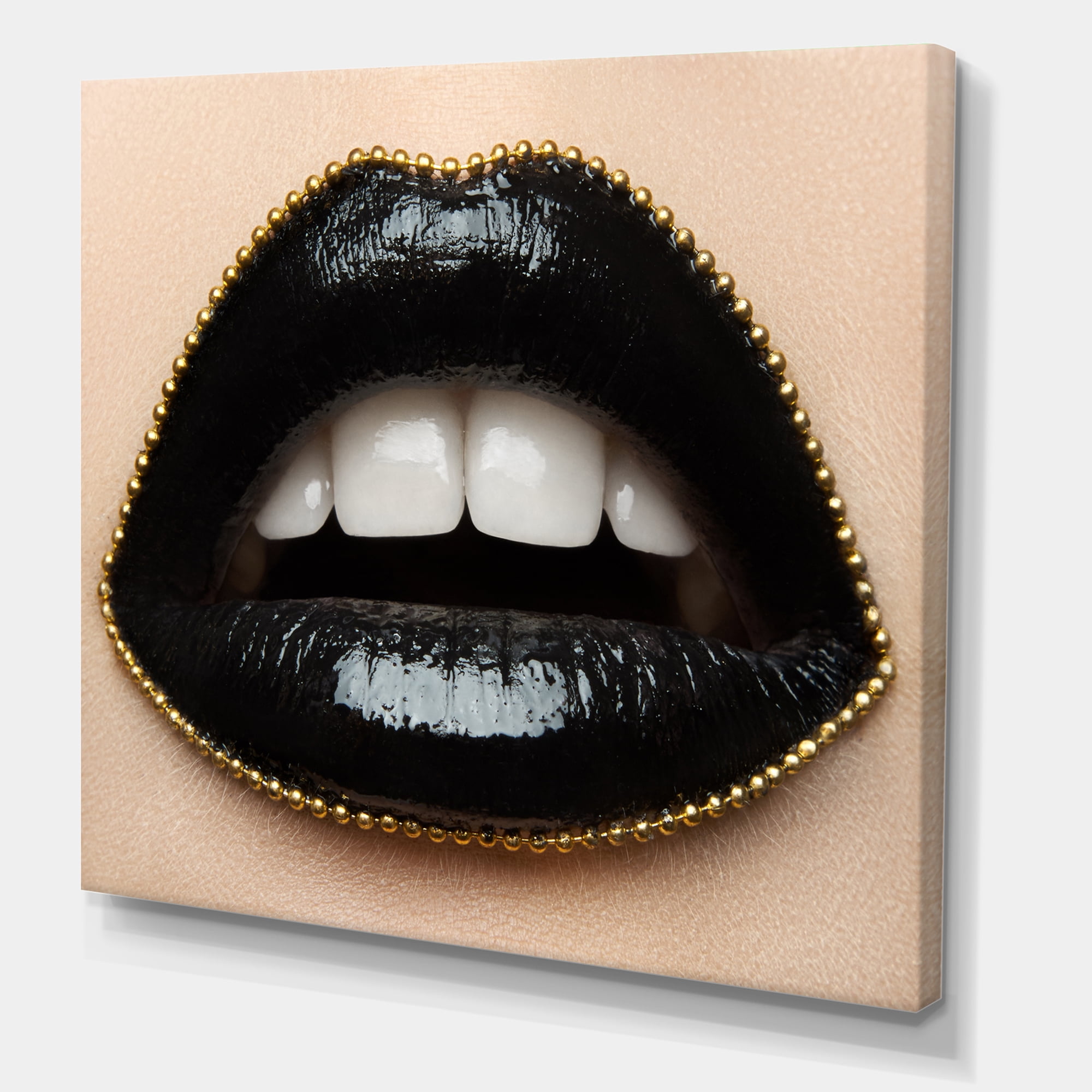 Designart ' Woman Lips With Black Lipstick & A Gold Chain ' Modern Canvas Wall Art Print