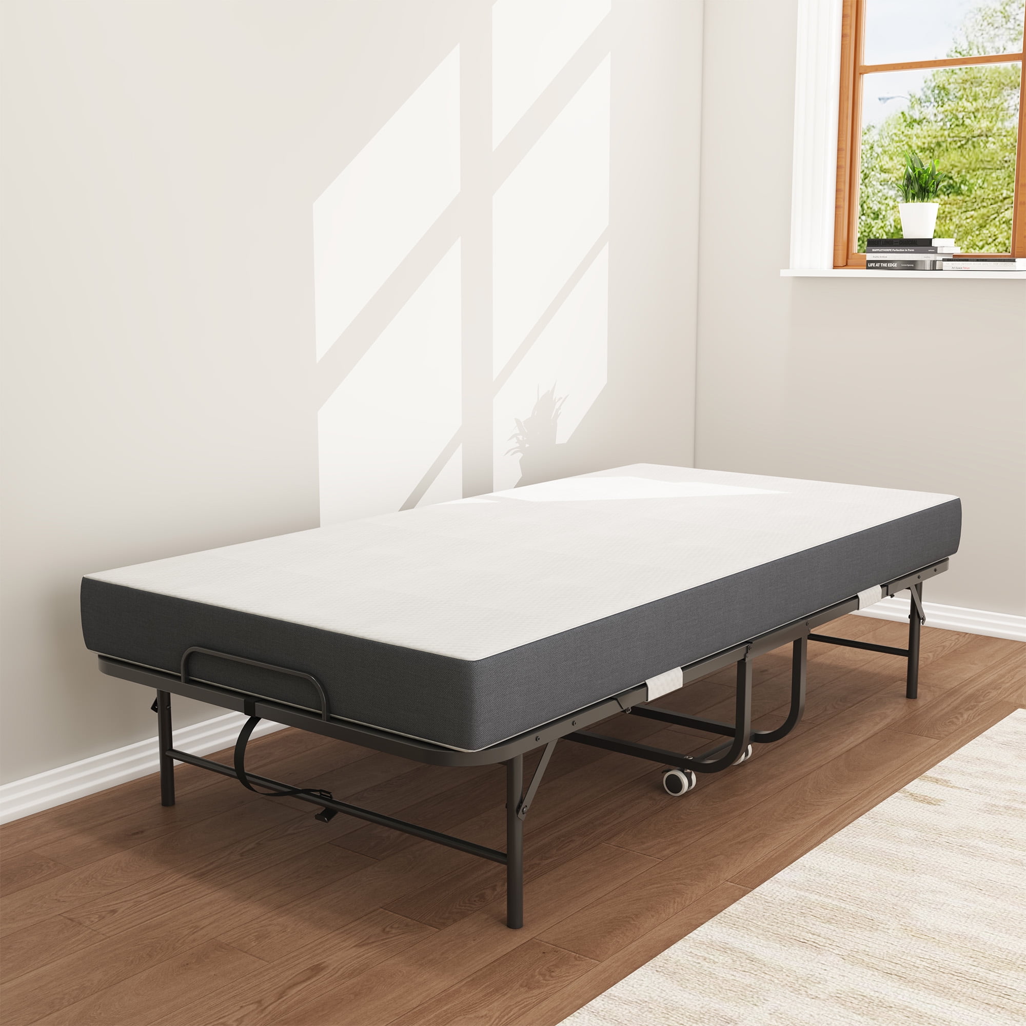 DRNANLIT Folding Bed with Mattress - 75x38 Twin Size Frame - Portable Rollaway Guest Bed with 5-inch Memory Foam Mattress - Space-Saving Foldable Design for Easy Storage