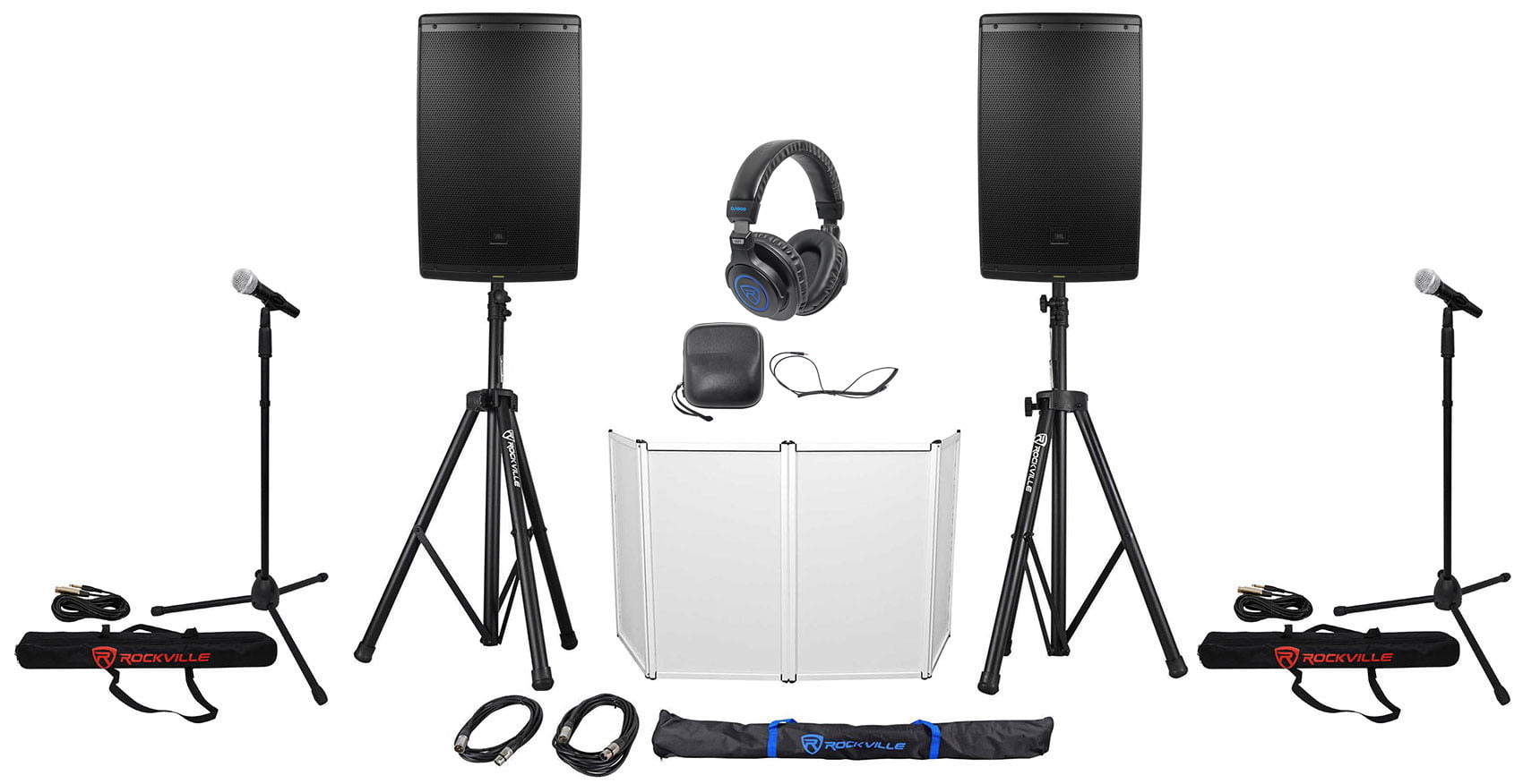 JBL EON615 15 Speakers+Stands+Cables+Mics+Headphones+Facade 2 DJ Package w/ 