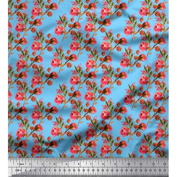 Soimoi Blue Cotton Jersey Fabric Leaves & Ranunculus Floral Print Print Fabric By the Yard 64 Inch Wide