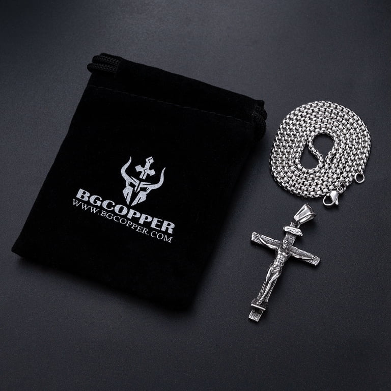 Rockyu Men's Cross Necklace - Simple Stainless Steel Jesus Pendant With Spiga Chain For Everyday Wear & Gifts