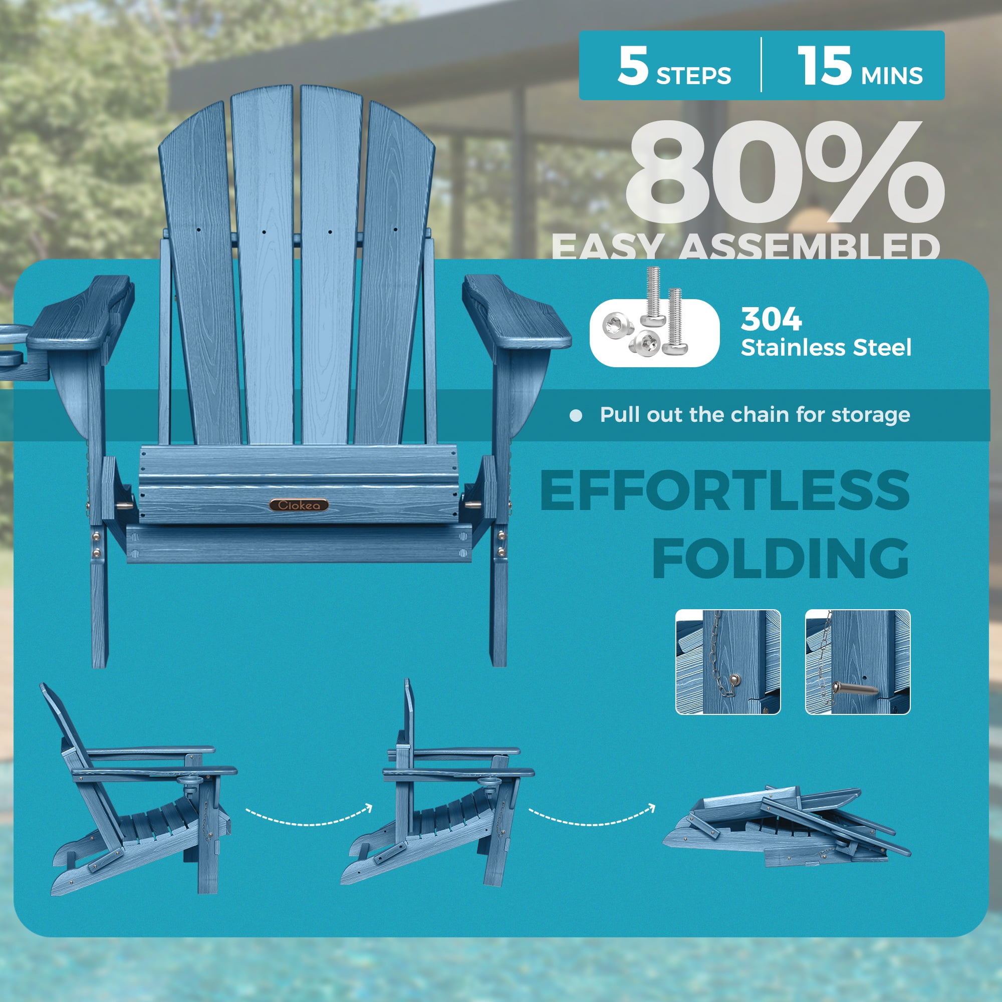 Ciokea Wood Adirondack Chairs Set of 2 Outdoor Folding Patio Chairs Fire Pit with Cup Holder Porch Garden Navy
