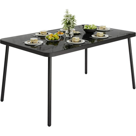 Riedhoff Outdoor Patio Dining Table 59" x 35", Metal Frame & Tempered Glass Top, Black