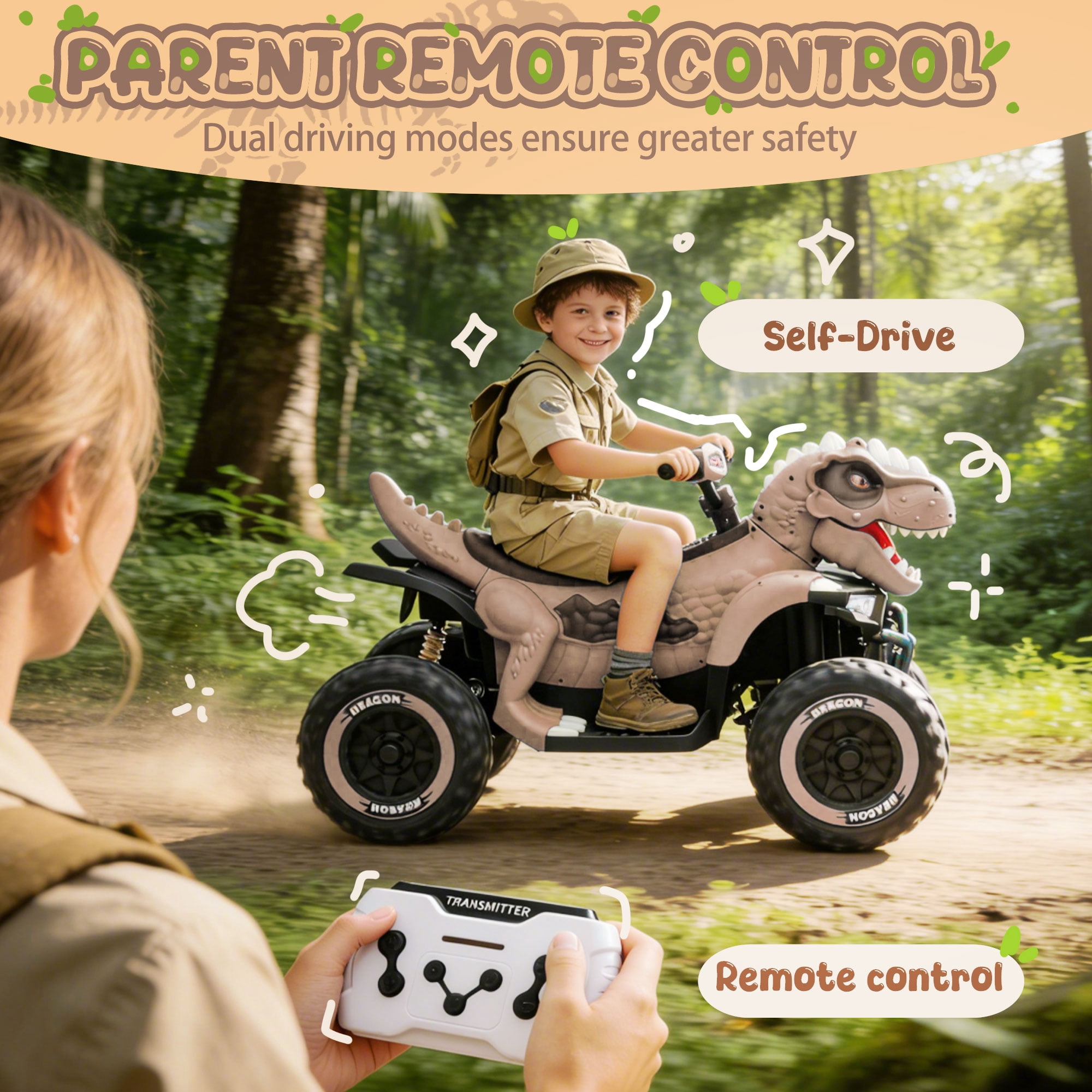 KEEPSUN 12V Ride on Toy for Kids, Dinosaur Ride on Car w/ Remote Control, 2-Seater 4 wheeler Kids ATV Quad with 100W*2 Motors, Bluetooth, Spring Suspension, Music, Cool Lights, Khaki