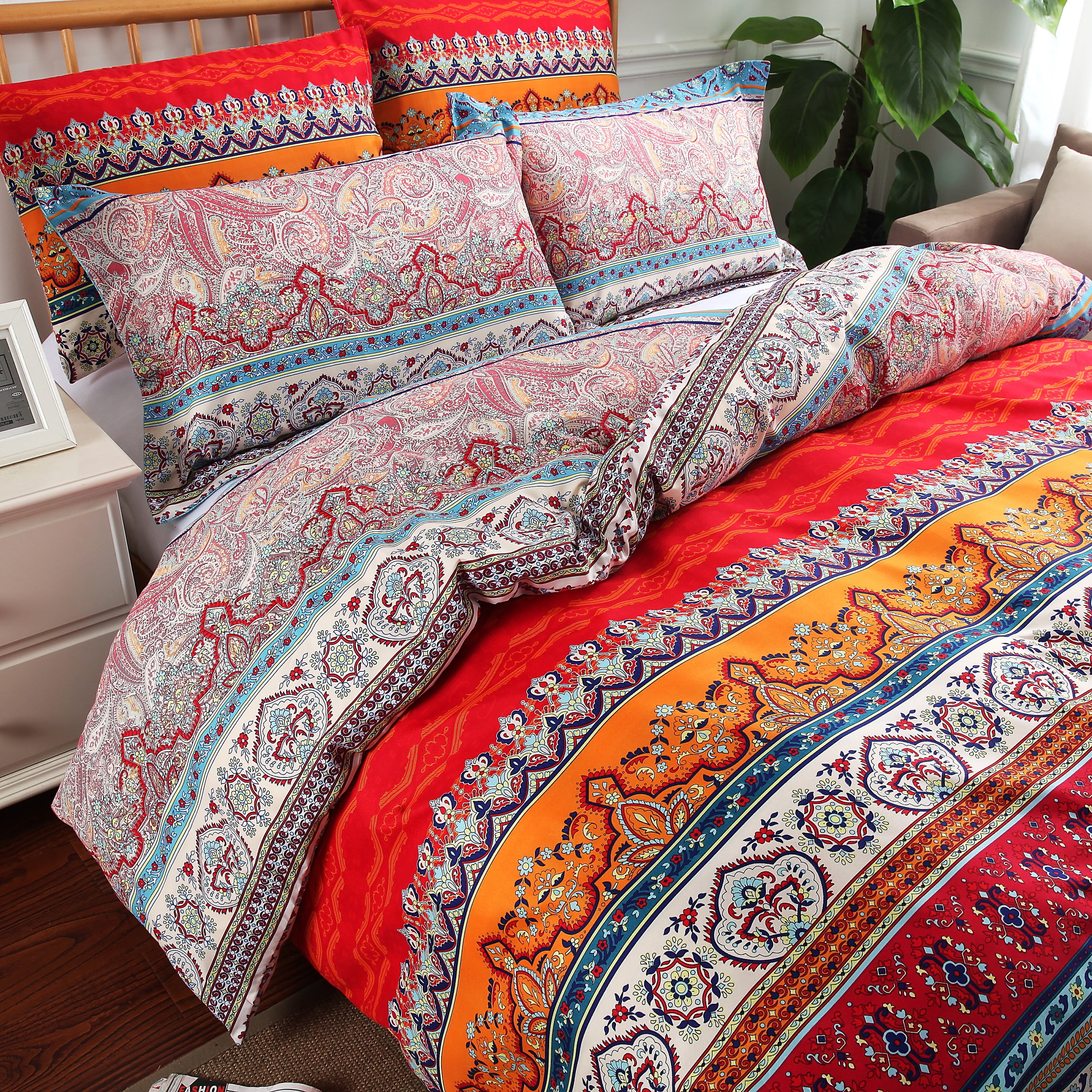 Swanson Beddings Colorful Boho Mandala Paisley 3-Piece Bedding Set: Duvet Cover and Pillow Shams (Queen)