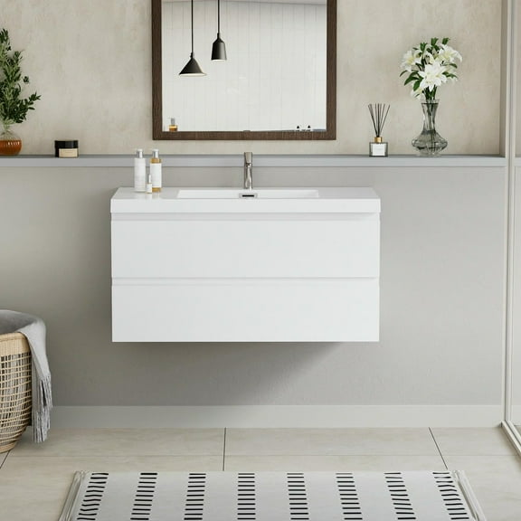 Spaco 42" Floating Bathroom Vanity with Sink, Modern Wall-Mounted Bathroom Storage Vanity Cabinet with Resin Top Basin and Soft Close Drawers, White