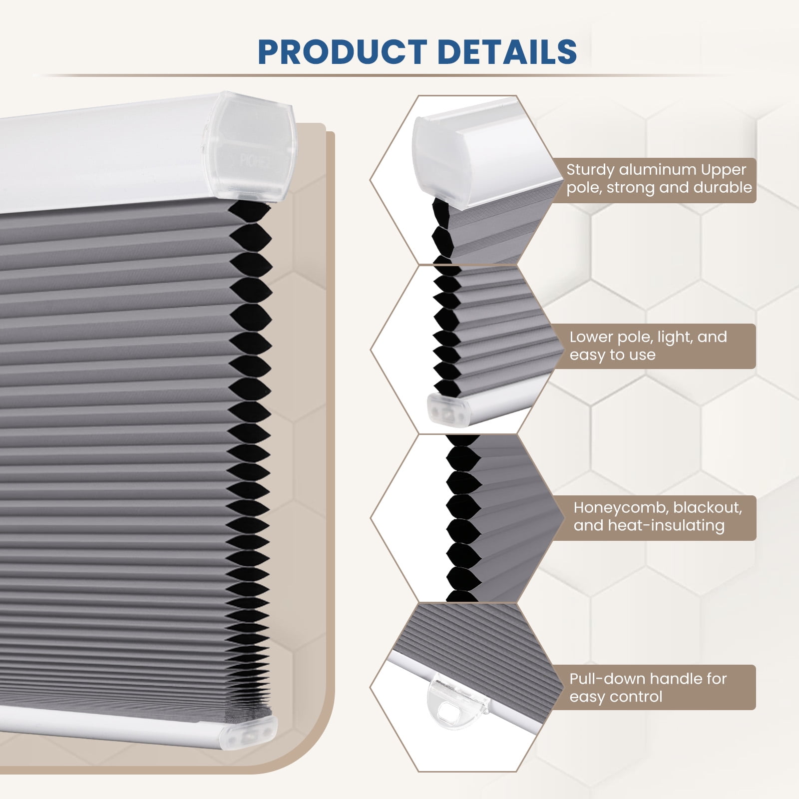 Grandekor Window Blinds and Shdes Cordless Cellular Shades, Gray(blackout) 34"W x 64"H