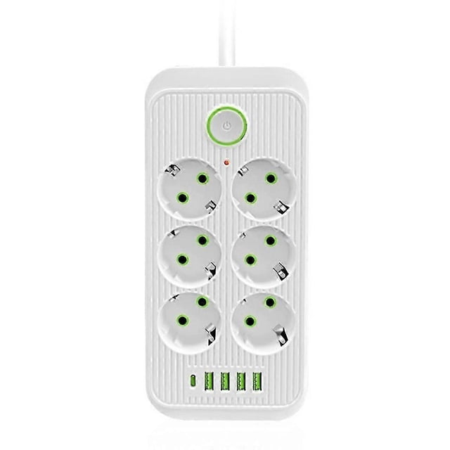 Regleta eléctrica EU Multiprise con 6 tomas de corriente alterna, 4 puertos USB, 1 unidad USB-C, filtro de red, carga rápida.
