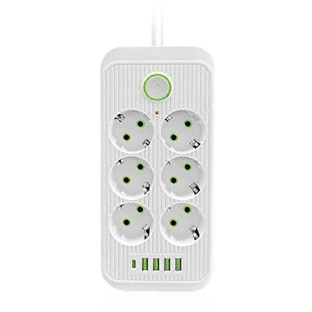 Regleta eléctrica EU Multiprise con 6 tomas de corriente alterna, 4 puertos USB, 1 unidad USB-C, filtro de red, carga rápida.