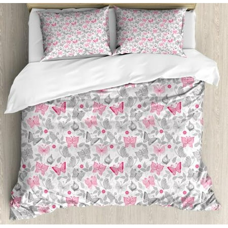 Butterfly Duvet Cover Set Sketch Style Animals Leaves Abstract