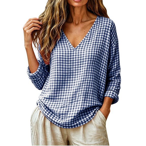 Nugftut Tops for Women Plaid V Neck Blouse Long Sleeve Loose Casual Shirts