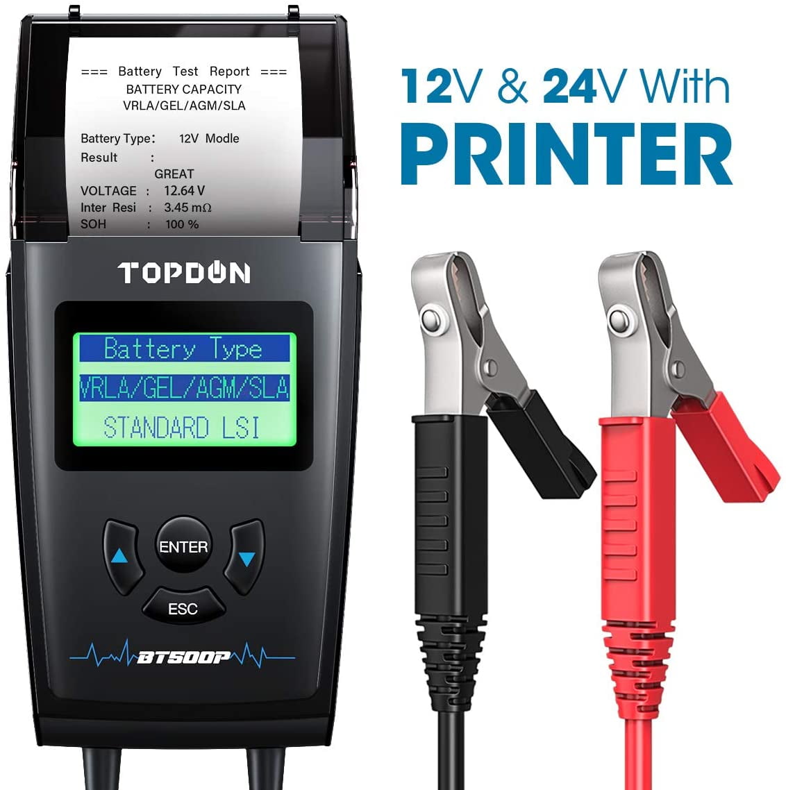 TOPDON BT500P Car Battery Tester with Printer 12V 24V Load Tester